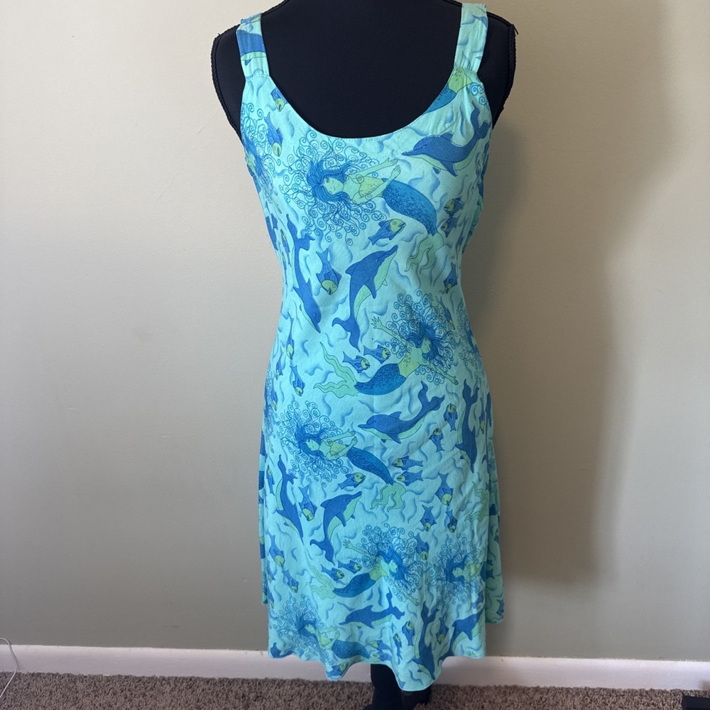 Vintage Rainbow Jo Mermaid Dolphin Dress Blue Green Sleeveless‎ Hawaiian Small